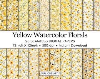 Yellow Watercolor Floral Printable Paper Seamless Shabby Chic Instant Digital Floral Wildflower Scrapbook Junk Journal Paper JPG Ephemera