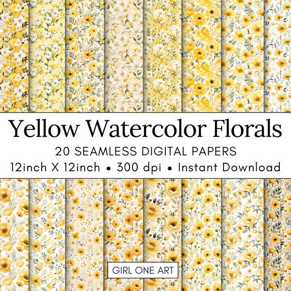 20 Yellow Watercolor Floral Printable Paper Seamless Shabby Chic Instant Digital Download Floral Wildflower Scrapbook Junk Journal Paper JPG