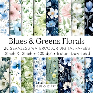 20 Blues & Greens Watercolor Floral Printable Paper Seamless Shabby Chic Digital Download Wildflower Scrapbook Junk Journal Ephemera JPG