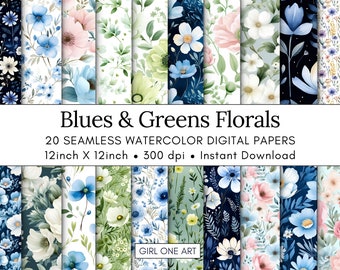Blues & Greens Watercolor Floral Printable Paper Seamless Shabby Chic Digital Download Wildflower Scrapbook Junk Journal Flower Ephemera JPG