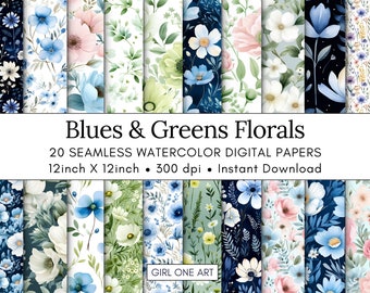 20 Blues & Greens Watercolor Floral Printable Paper Seamless Shabby Chic Digital Download Wildflower Scrapbook Junk Journal Ephemera JPG