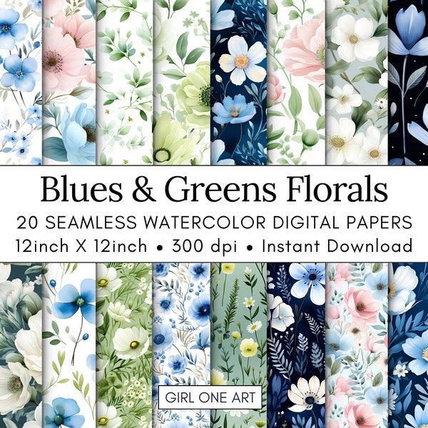 20 Blues & Greens Aquarell Blumen bedruckbares Papier Nahtlos Shabby Chic Digitaler Download Wildblumen Scrapbook Junk Journal Ephemera JPG