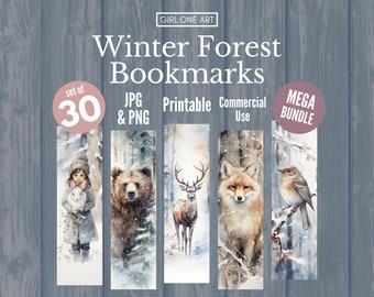 Winter Forest Printable Bookmark Bundle PNG & JPG Print and Cut Sublimation Scrapbook Junk Journal Fox Bear Deer Gift Tags Woodland Labels