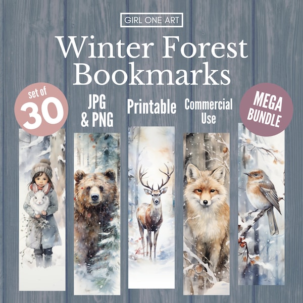 Paquete de marcadores imprimibles de bosque de invierno PNG y JPG Imprimir y cortar Sublimación Álbum de recortes Diario basura Fox Bear Deer Etiquetas de regalo Etiquetas de bosque