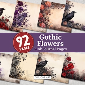 May include: 92 pages of printable digital paper featuring gothic floral designs with crows and butterflies.  The paper is perfect for junk journals, scrapbooking, and other paper crafts.