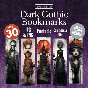 Dark Gothic Printable Bookmarks Bundle Digital Download PNG JPG Commercial Use Sublimation Junk Journal Bookmark Sheet Print & Cut Fantasy
