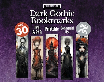 Dark Gothic Printable Bookmarks Bundle Digital Download PNG JPG Commercial Use Sublimation Junk Journal Bookmark Sheet Print & Cut Fantasy