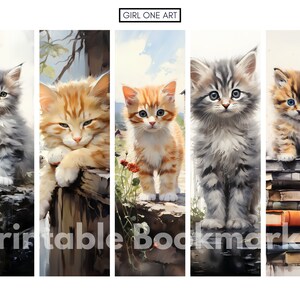 Peut inclure: Ensemble de cinq marque-pages imprimables avec des illustrations &agrave; l'aquarelle de chatons adorables. Chaque marque-page pr&eacute;sente un chaton diff&eacute;rent dans diverses poses, avec une fourrure douce et des yeux expressifs. Le texte "Printable Bookmarks" est visible.