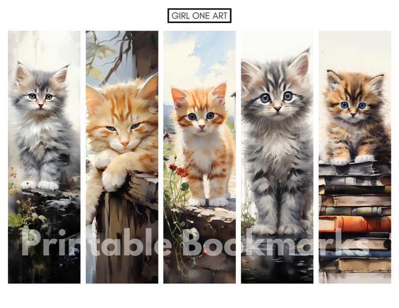 Peut inclure: Ensemble de cinq marque-pages imprimables avec des illustrations &agrave; l'aquarelle de chatons adorables. Chaque marque-page pr&eacute;sente un chaton diff&eacute;rent dans diverses poses, avec une fourrure douce et des yeux expressifs. Le texte "Printable Bookmarks" est visible.