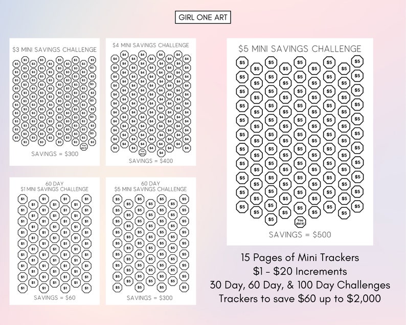 May include: A set of 15 printable pages with black and white hexagon grids for tracking savings. Each page features a different savings challenge, ranging from $1 to $20 increments, with options for 30, 60, and 100-day challenges. The total savings range from $60 to $2,000.