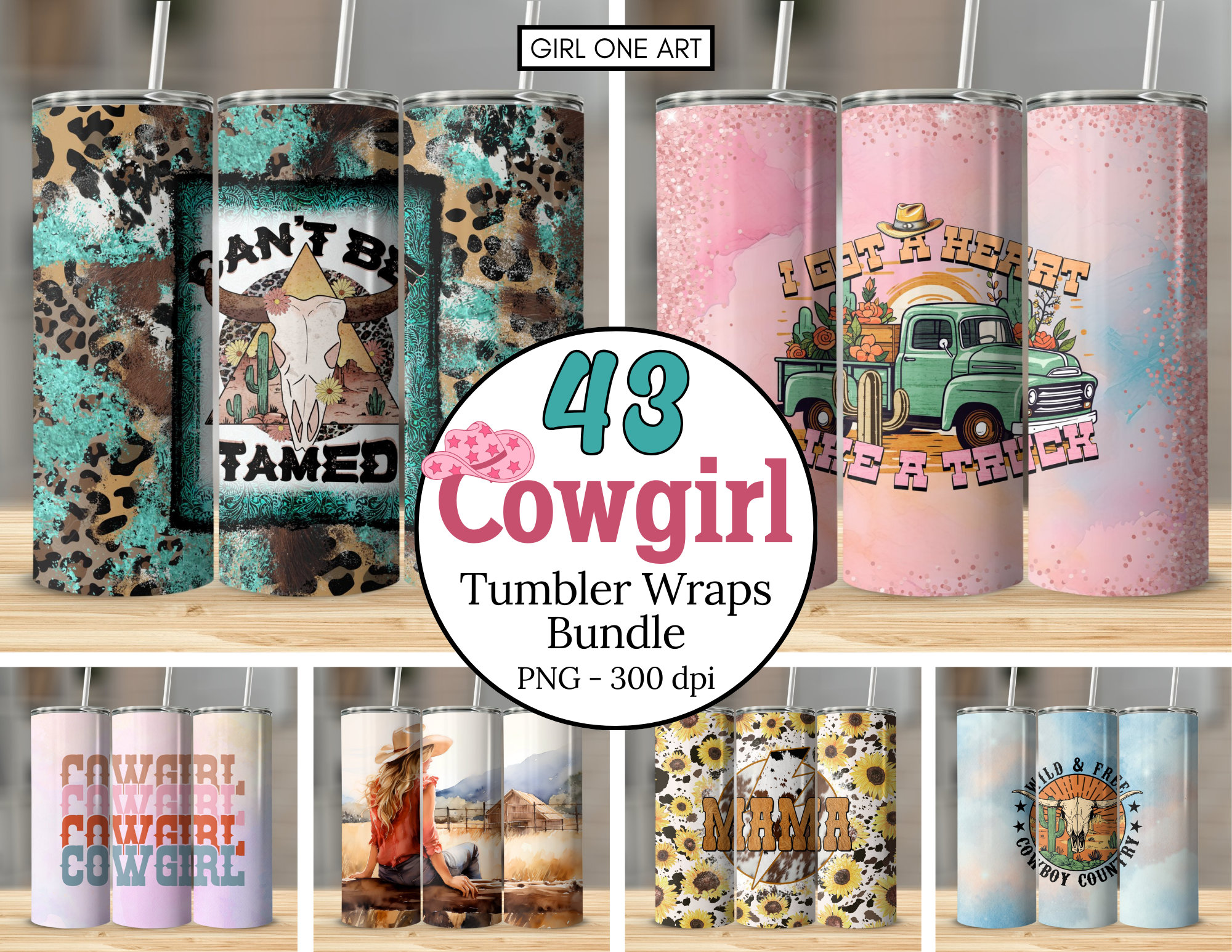 Cowgirl Tumbler Wrap Bundle 20oz Skinny & Straight PNG Country Western Sublimation Leopard Sunflower Cowhide Design Mama Digital Download