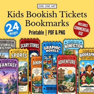 Pode incluir: Uma coleção de 24 designs de marcadores de página imprimíveis em formato de bilhete, apresentando ilustrações coloridas e texto para vários géneros, incluindo fantasia, desporto, histórias de terror, novelas gráficas, não-ficção e biografias.