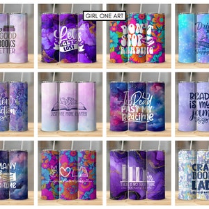 May include: Set of 12 sublimation designs for tumblers featuring various book-themed quotes and illustrations. The designs include a variety of colors, including purple, blue, pink, and green. The designs are perfect for creating personalized tumblers for book lovers.