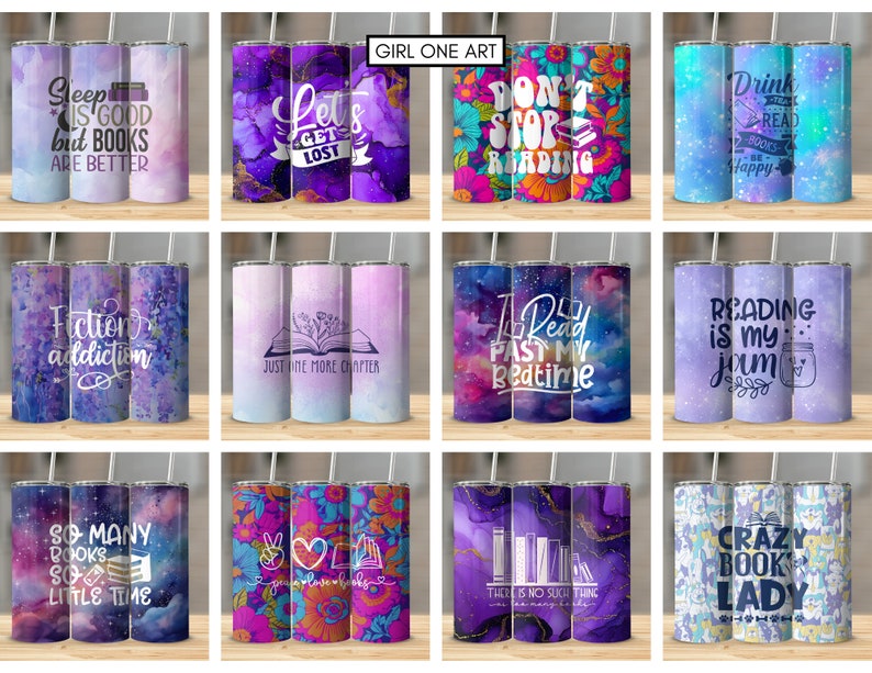 May include: Set of 12 sublimation designs for tumblers featuring various book-themed quotes and illustrations. The designs include a variety of colors, including purple, blue, pink, and green. The designs are perfect for creating personalized tumblers for book lovers.