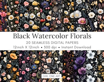 May include: A set of 20 digital papers featuring black watercolor floral patterns. Each paper is 12 inches by 12 inches and 300 dpi. The patterns include various flowers, leaves, and stems in shades of pink, yellow, blue, and white.