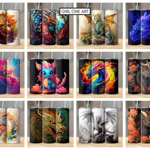 May include: Set of 12 sublimation designs featuring various colorful dragons with different backgrounds. The designs are perfect for creating custom tumblers, mugs, or other personalized items.