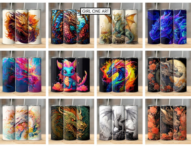 May include: Set of 12 sublimation designs featuring various colorful dragons with different backgrounds. The designs are perfect for creating custom tumblers, mugs, or other personalized items.