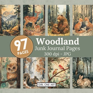 Woodland Junk Journal pagine Download digitale Scrapbook Carta Foresta Fata Collage Fogli Kit Volpe Cervi Sfondi stampabili Funghi JPG