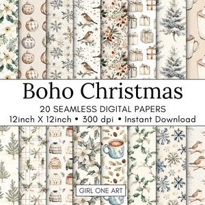 Boho Christmas Seamless Paper Bundle Printable Winter Rustic Xmas Junk Journal Woodland Neutral Beige Holiday Wrapping Patterns Background