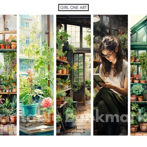 May include: A woman sits in a sunlit greenhouse reading a book. The greenhouse is filled with lush green plants and flowers. The woman is wearing a white shirt and dark pants. The text "Girl One Art" is visible at the top of the image.