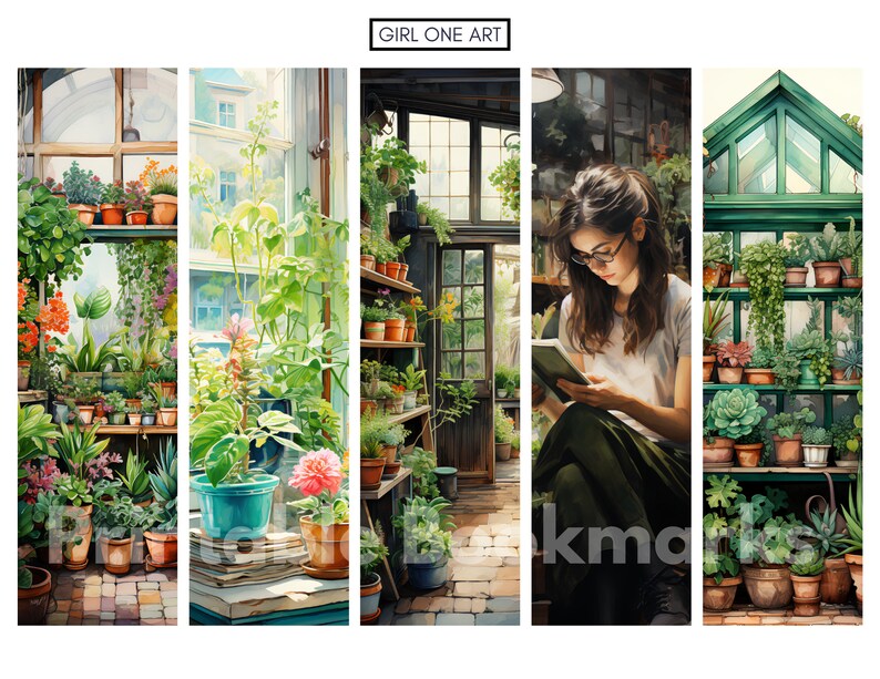 May include: A woman sits in a sunlit greenhouse reading a book. The greenhouse is filled with lush green plants and flowers. The woman is wearing a white shirt and dark pants. The text "Girl One Art" is visible at the top of the image.