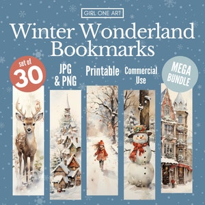 Winter Wonderland Printable Bookmark Bundle PNG JPG Holiday Stocking Filler Santa Elves Scrapbook Junk Journal Book Lover Gift Tags Labels