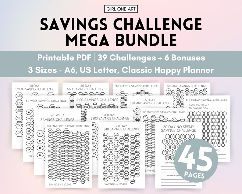 May include: A printable PDF bundle of 39 savings challenge trackers and 6 bonus pages. The trackers feature a honeycomb design and include challenges like a 30-day $2,000 savings challenge, a 60-day $50 savings challenge, and a 100-day envelope savings challenge. The bundle is available in three sizes: A6, US Letter, and Classic Happy Planner.