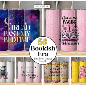 May include: A set of 56 tumbler wraps featuring bookish designs. The wraps feature a variety of designs, including a galaxy with the text "I read past my bedtime", a pink glitter background with the text "Lost in the pages of a romantasy", a black and white skull with the text "This is my happy place", a pink glitter background with the text "In my bookish era", a vintage crime scene tape with the text "If it's not a thriller I don't want it", and a yellow background with the text "Busy reading smut".