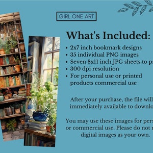 May include: A digital download of 35 watercolor illustrations of a bookshelf with plants and books. The images are perfect for creating bookmarks, printable art, or other creative projects. The download includes 2x7 inch bookmark designs, 35 individual PNG images, seven 8x11 inch JPG sheets to print, and 300 dpi resolution. The images are for personal or commercial use.