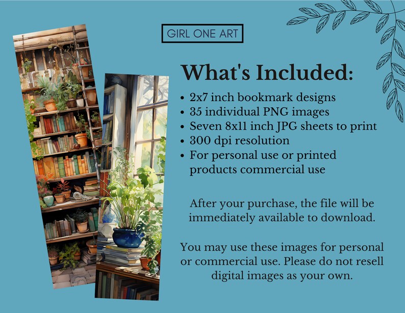 May include: A digital download of 35 watercolor illustrations of a bookshelf with plants and books. The images are perfect for creating bookmarks, printable art, or other creative projects. The download includes 2x7 inch bookmark designs, 35 individual PNG images, seven 8x11 inch JPG sheets to print, and 300 dpi resolution. The images are for personal or commercial use.