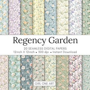 May include: A collection of 20 seamless digital papers with floral patterns in various pastel colors. The papers are 12 inches by 12 inches and have a resolution of 300 dpi. The text "Regency Garden" is displayed above the papers.