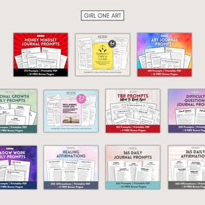 May include: A collage of 10 colorful digital printable journal prompts for personal growth, money mindset, art journaling, shadow work, healing affirmations, and more. Each prompt includes the number of prompts, whether it is a printable PDF, and the number of free bonus pages.