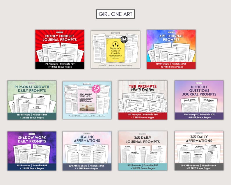 May include: A collage of 10 colorful digital printable journal prompts for personal growth, money mindset, art journaling, shadow work, healing affirmations, and more. Each prompt includes the number of prompts, whether it is a printable PDF, and the number of free bonus pages.