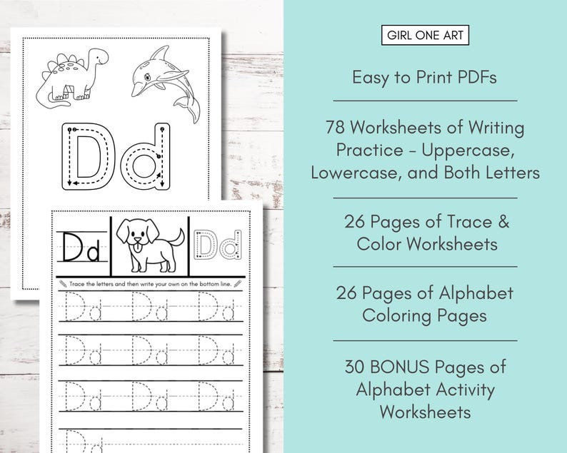 May include: Black and white printable alphabet worksheets for children featuring the letter D. The worksheets include tracing, writing practice, and colouring pages.  The worksheets feature a dinosaur, a dolphin, and a puppy.