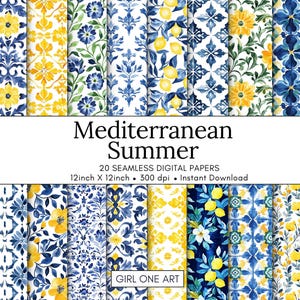 Mittelmeer Sommer Nahtlos Papier Druckbare Aquarell Blau Weiß Fliesen Zitrus Blumen Hochzeit Einladen Küsten Tapete Strand Journal