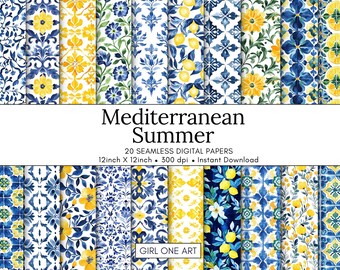 May include: 20 digital papers featuring seamless patterns in blue, yellow, and white. The patterns include lemons, flowers, and geometric designs inspired by Mediterranean tiles. The text "Mediterranean Summer" and "Girl One Art" are included in the image.