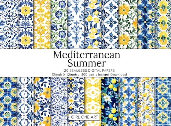 Mediterranean Watercolor Seamless Paper: Lemon, Tile, Floral Patterns (JPG & PDF Digital Download)
