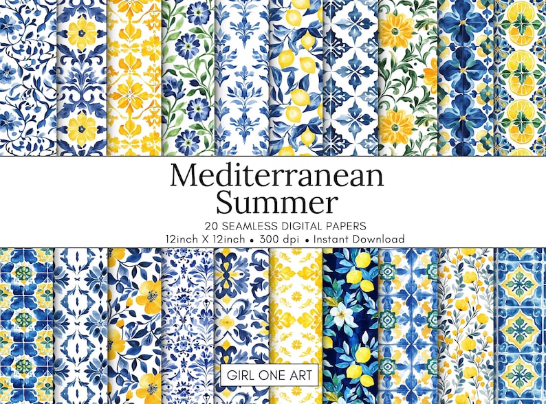 May include: 20 digital papers featuring seamless patterns in blue, yellow, and white. The patterns include lemons, flowers, and geometric designs inspired by Mediterranean tiles. The text "Mediterranean Summer" and "Girl One Art" are included in the image.