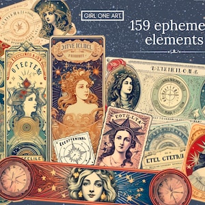 May include: A collection of 159 vintage ephemera elements featuring celestial and astrological themes. The elements include illustrations of women, stars, compasses, and clocks in a variety of colors, including gold, blue, red, and white.