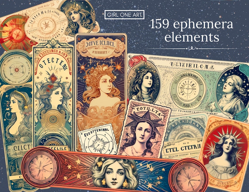 May include: A collection of 159 vintage ephemera elements featuring celestial and astrological themes. The elements include illustrations of women, stars, compasses, and clocks in a variety of colors, including gold, blue, red, and white.