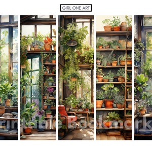 Peut inclure: Une peinture &agrave; l'aquarelle d'une serre ensoleill&eacute;e remplie de plantes en pot sur des &eacute;tag&egrave;res et un fauteuil rouge. Les fen&ecirc;tres sont ouvertes et la lumi&egrave;re du soleil &eacute;claire la v&eacute;g&eacute;tation luxuriante. La peinture est divis&eacute;e en quatre sections, chacune pr&eacute;sentant une partie diff&eacute;rente de la serre.