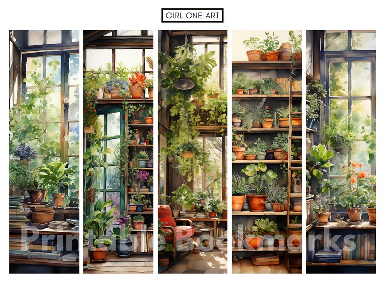 Peut inclure: Une peinture &agrave; l'aquarelle d'une serre ensoleill&eacute;e remplie de plantes en pot sur des &eacute;tag&egrave;res et un fauteuil rouge. Les fen&ecirc;tres sont ouvertes et la lumi&egrave;re du soleil &eacute;claire la v&eacute;g&eacute;tation luxuriante. La peinture est divis&eacute;e en quatre sections, chacune pr&eacute;sentant une partie diff&eacute;rente de la serre.