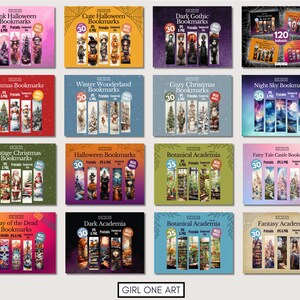 May include: A collection of 12 different sets of printable bookmarks. Each set features a unique theme, such as Halloween, Christmas, and fairy tales. The bookmarks are illustrated with colorful images and are perfect for adding a touch of whimsy to your reading experience.