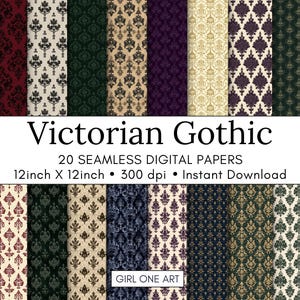 May include: 20 digital papers with Victorian Gothic damask patterns in various colors, including black, white, red, green, purple, and gold. Each paper is 12 inches by 12 inches and 300 dpi.