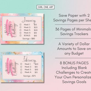 May include: Two printable pink and blue watercolor savings challenge cards for January and February. Each card has a $1,000 savings challenge with weekly goals and a total savings amount. The text on the cards reads "January" and "February".