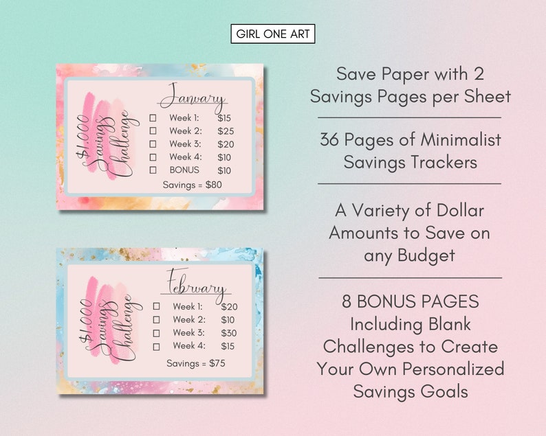 May include: Two printable pink and blue watercolor savings challenge cards for January and February. Each card has a $1,000 savings challenge with weekly goals and a total savings amount. The text on the cards reads "January" and "February".