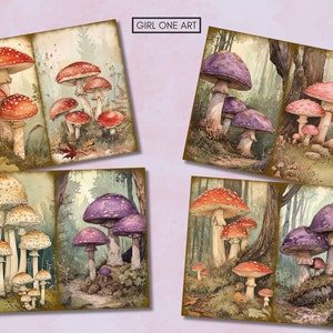 May include: A set of six digital illustrations featuring various types of mushrooms in a forest setting. The mushrooms are depicted in a realistic style with vibrant colors, including red, white, purple, and pink.