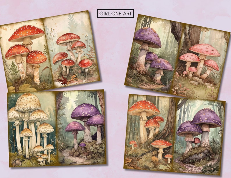 May include: A set of six digital illustrations featuring various types of mushrooms in a forest setting. The mushrooms are depicted in a realistic style with vibrant colors, including red, white, purple, and pink.