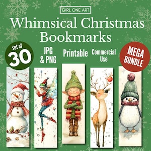May include: Set of 30 whimsical Christmas bookmarks featuring a snowman, a fairy, an elf, a reindeer, and a penguin. The bookmarks are illustrated in a watercolor style and are perfect for adding a touch of holiday cheer to your books.