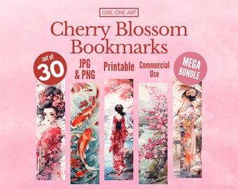 Japanese Cherry Blossom Printable Bookmarks Bundle Digital PNG JPG Commercial Use Sublimation Sakura Junk Journal Bookmark Sheet Print & Cut